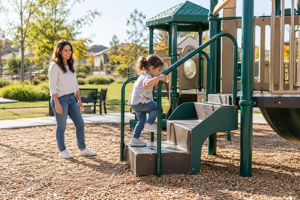 Preschool child practices climbing at a neighborhood playground