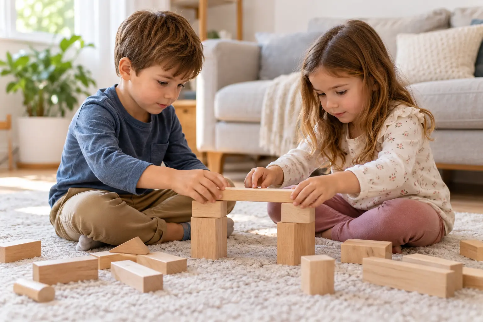 Two children solving a building challenge with wooden blocks.