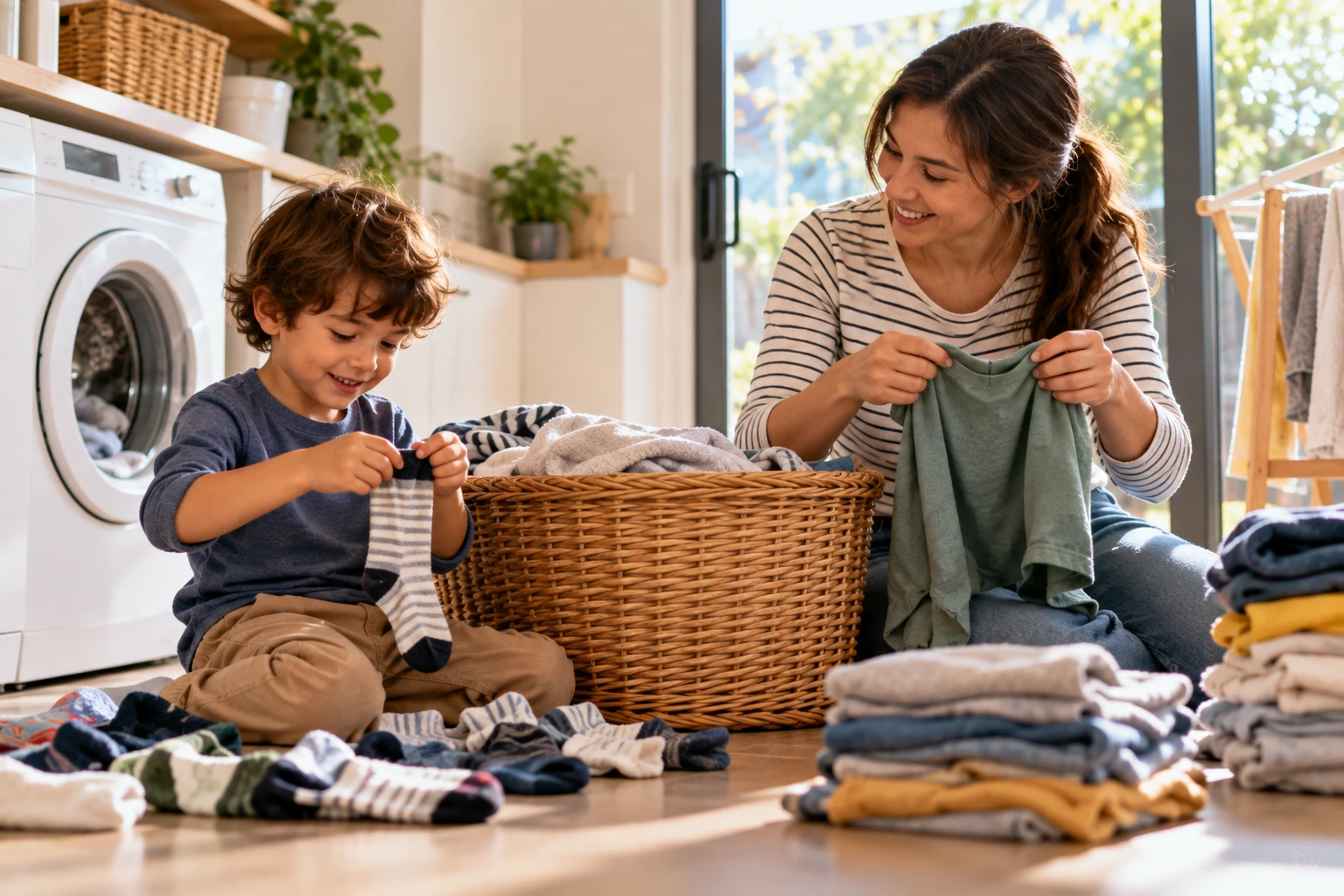 A bog counting and folding laundry