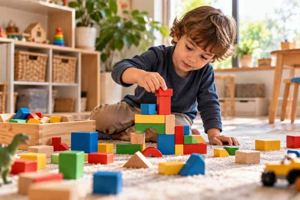 A child trying to build a tower with blocks