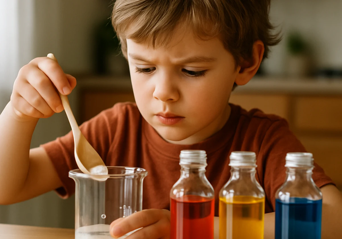 Child at a bright wooden kitchen table