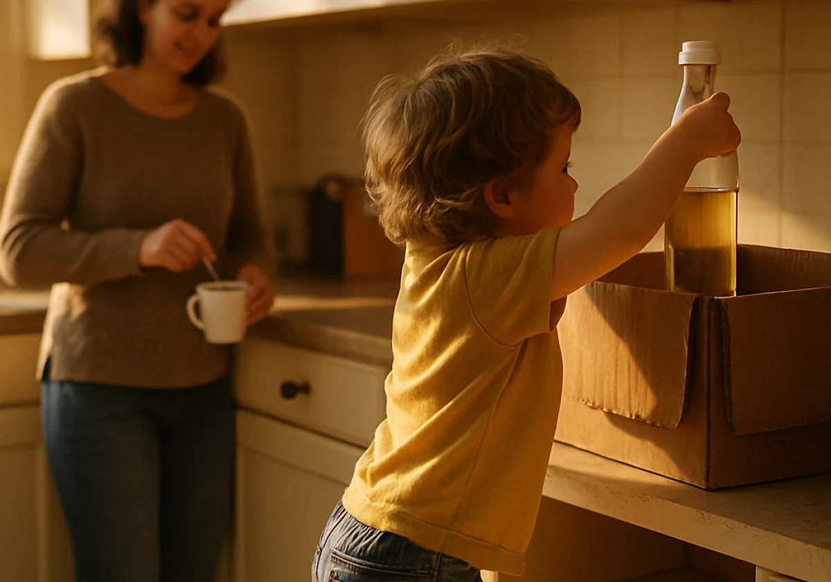 Child on tiptoes reaching into a weathered cardboard box