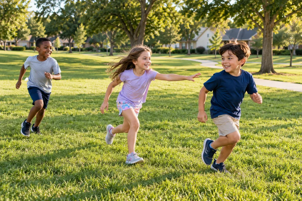 Children playing tag outdoors for daily physical activity