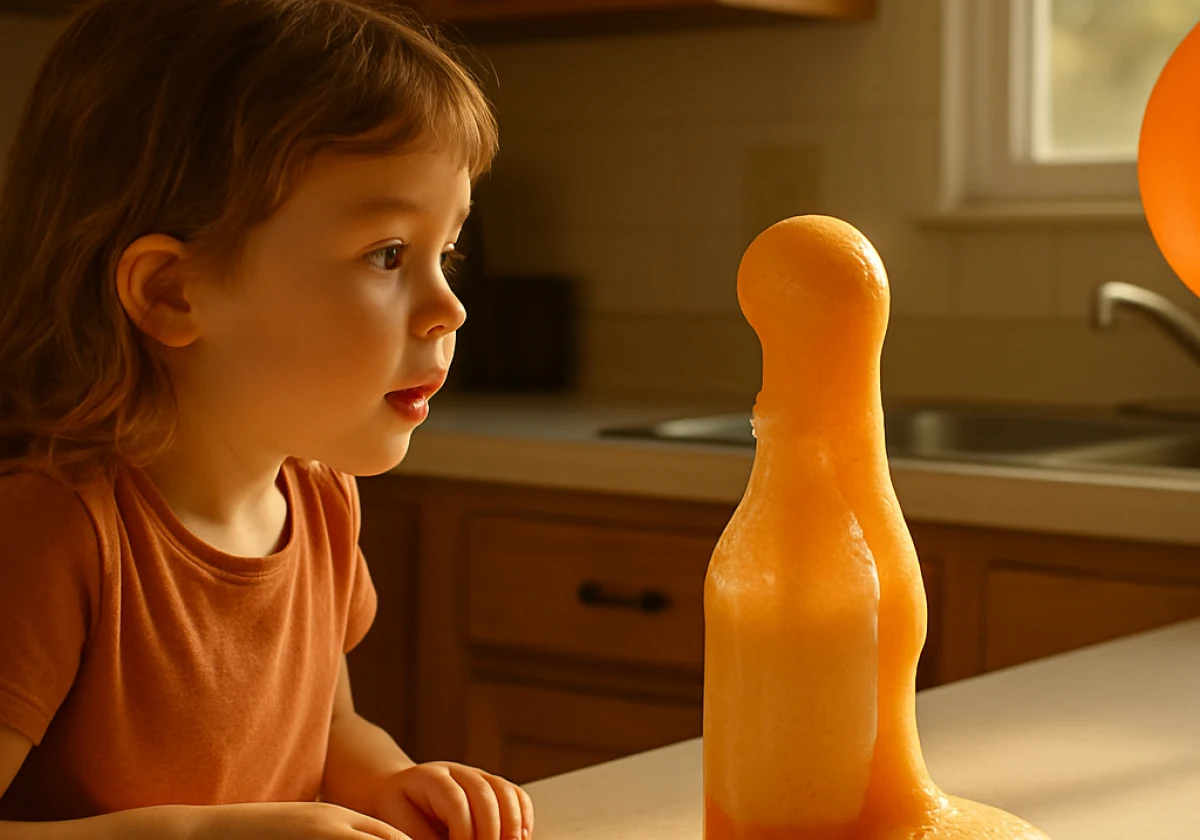 Six-year-old in profile at a sunny kitchen counter